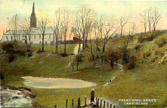 Preaching Braes with Kirkhill Old Parich Church in the background - circa 1900 - Card dated 1909 - Paterson's Series.